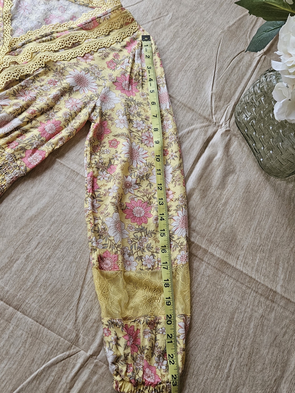 Yellow Pink Floral Boho Faux Wrap Smocked Blouse Lace Size M - Picture 10 of 14